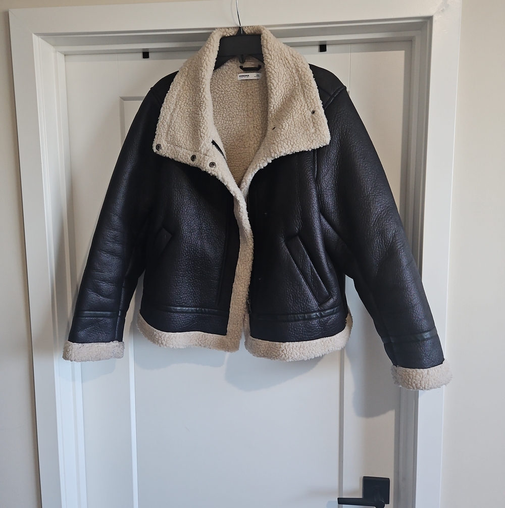 Sonoma Black Faux-Leather Teddy Jacket with Cream Sherpa
